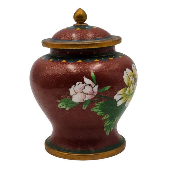Vintage Dark Red Peony Design Chinese Brass Cloisonné Ginger/Tea Jar * Pristine - Picture 4 of 11